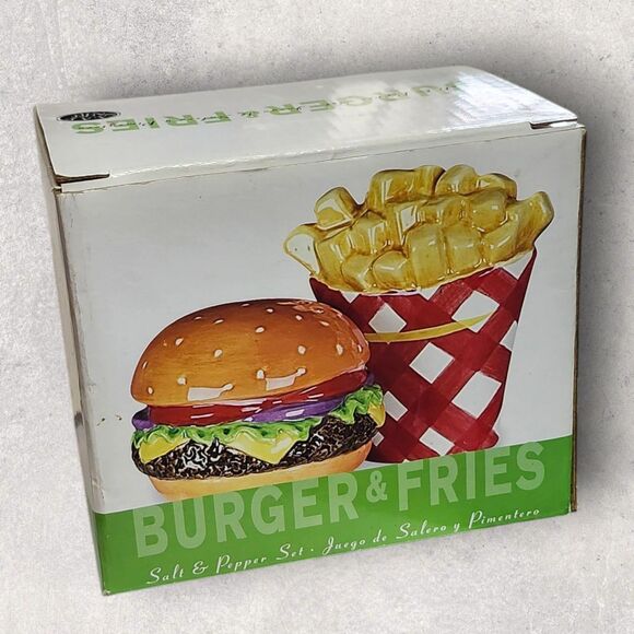 Vintage Clay Art Burger & Fries Salt & Pepper Shakers Set NOS Box Retro Kitchen - Picture 9 of 11